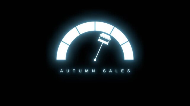 A neon gauge meter features a scale and a shop icon on the needle. The label autumn sales symbolizes seasonal shopping discounts.