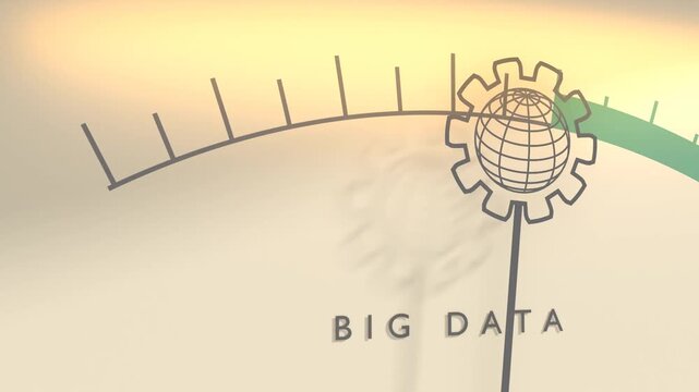 A gauge meter features a scale and a globe gear icon on the needle. The label big data symbolizes global information processing.