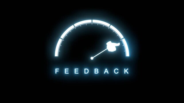 A tick-line dial scale with a thumbs up hand pointer reads FEEDBACK in a high zone. It presents reviews, approval, opinions, responses, surveys, customer satisfaction, trust, loyalty and success.