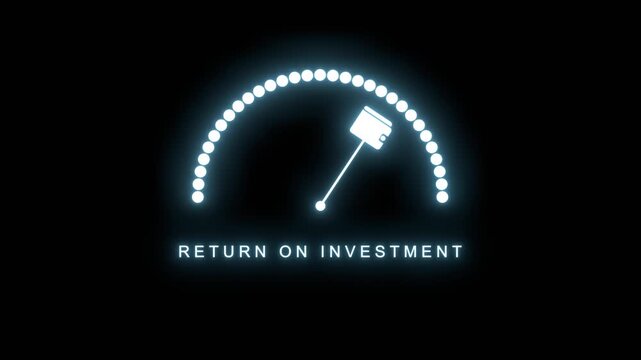 Neon glowing scale with arrow shaped as wallet. The measuring device. Sign tachometer, speedometer, indicator. Colorful infographic gauge element. ROI means return on investment.