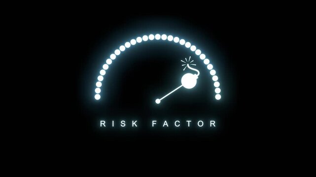 A neon gauge meter with a dotted scale and a bomb icon on the needle, labeled risk factor, symbolizing danger and high probability of failure.