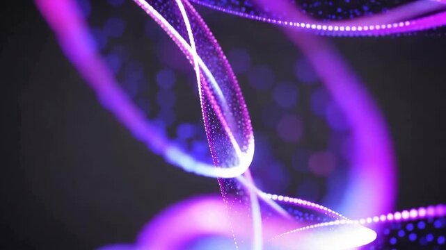 Abstract glowing purple and blue particle ribbons twisting and flowing through dark space in a luminous digital motion design animation