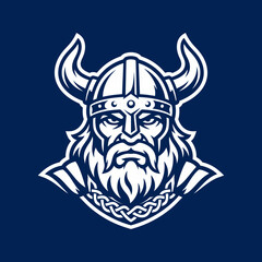 Fototapeta premium Intricate viking head mascot logo in white and blue
