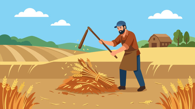 Farmer Threshing Wheat with Traditional Flail Tool in Rural Field