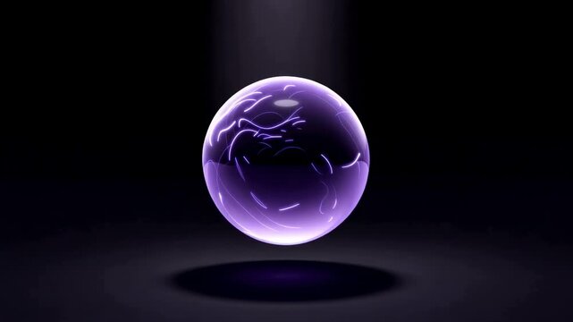 Glowing purple glass sphere with shifting luminous patterns hovering above a dark surface under a narrow spotlight, creating an abstract atmospheric 3D animation