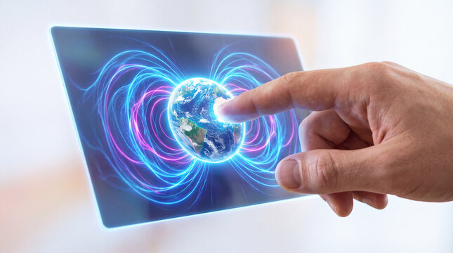 Hand touching tablet screen showing Earth magnetic field and solar storm