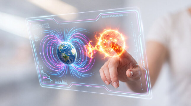 Scientist analyzing Earth magnetic field and space weather on interactive display
