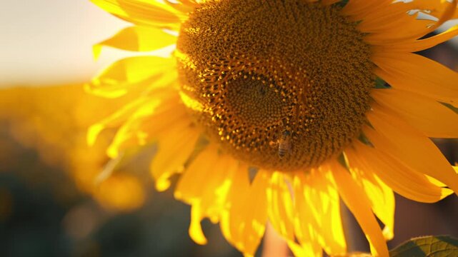 Macro close up of honeybee collecting nectar and pollen on blooming sunflower in warm golden sunlight, detailed yellow petals and flower seeds, pollination process, insect wildlife.