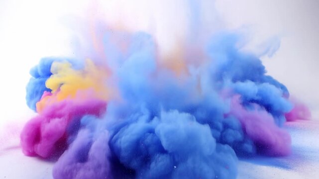 Color powder clouds bloom and spread across a bright white abstract background. Advertising, creative branding, and festival promotion.