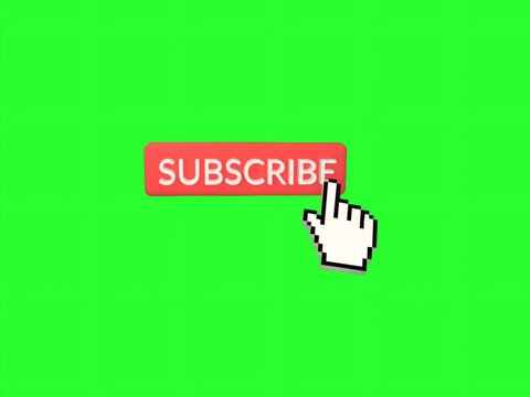 A red subscribe button with a computer mouse cursor clicking it on green background 3D with the word being pressed by pixelated against