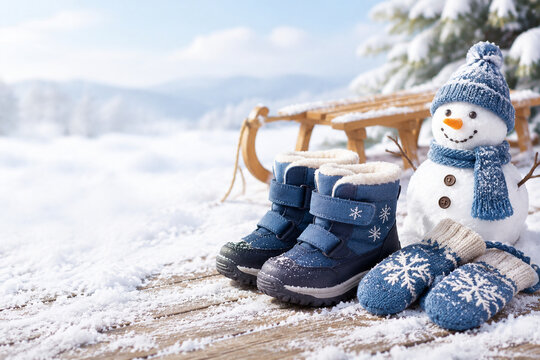 Children's winter boots, mittens and snowman with wooden sled, winter school break and snow play concept