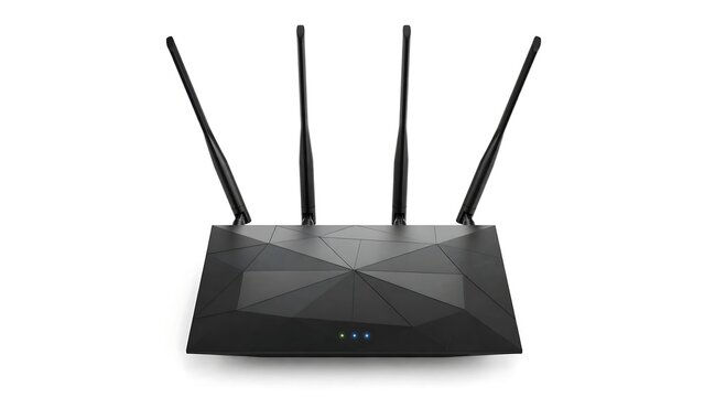 Black router with antennas. Simple, clean design against a white background. Minimalist technology for home or office use. Ideal for tech, networking, or online service visuals. 