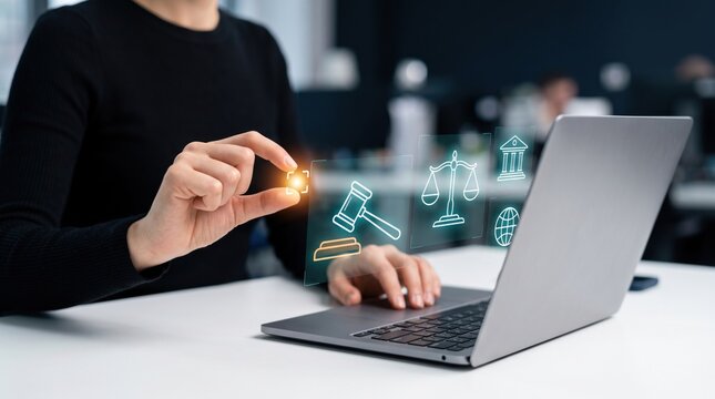 Legal technology concept with business woman using laptop, holographic legal icons and digital justice scales in corporate office