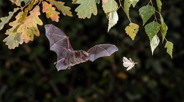 noctule bat (nyctalus noctula) flying at night hunting a moth among oak leaves