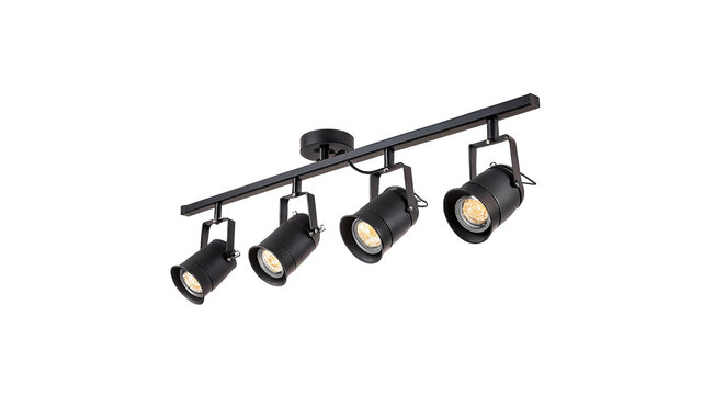 Modern black metallic ceiling track light spotlight rail system lamp fixtures isolated on transparent background