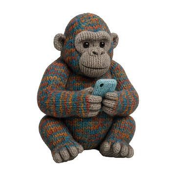 PNG Knitted monkey holding smartphone.
