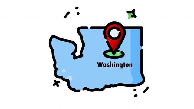 Animated Washington state map pin illustration highlights location, suitable for travel guides, tourism websites, educational materials, and regional marketing design projects.
