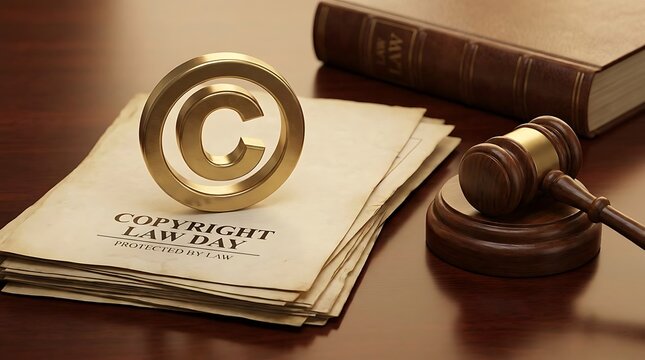 Wooden judge gavel with golden copyright symbol on legal documents for intellectual property law