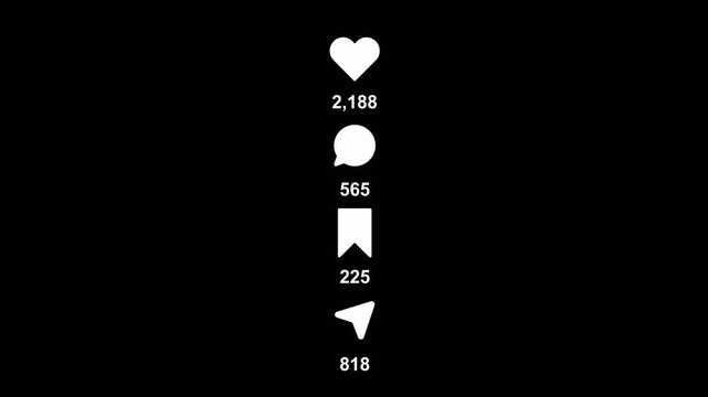 Social media engagement counter animation from zero to 5,000 likes, comments and shares on a transparent background
