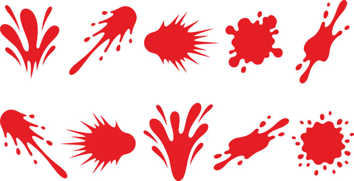 Set of red paint splatters, blood stains, spray droplets and liquid splash blots isolated on white background vector illustration