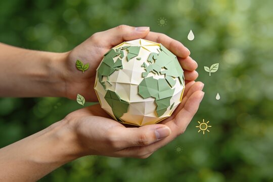 Hands cradle a folded paper origami globe with continent creases and leaf droplet and sun icons symbolizing corporate sustainability