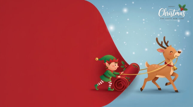 Cute elf and reindeer unrolling background with Merry Christmas and Happy New Year calligraphic lettering text