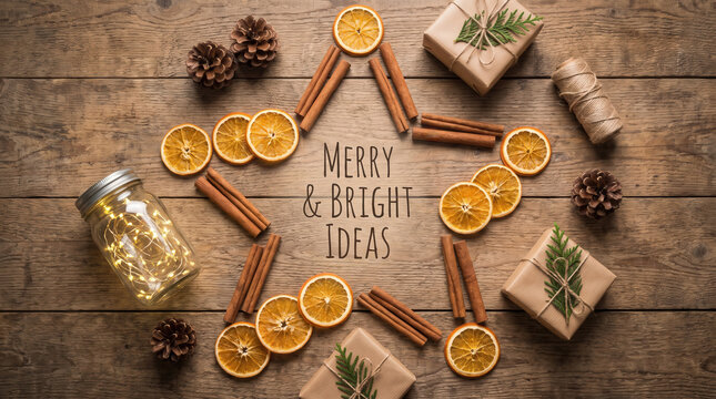 Christmas star flat lay with oranges cinnamon gifts and lights on wood