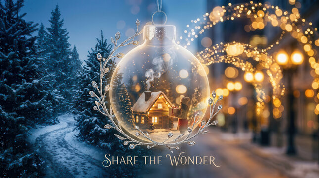 Transparent Christmas bauble framing a warm wooden cottage and snowy forest with glowing lights