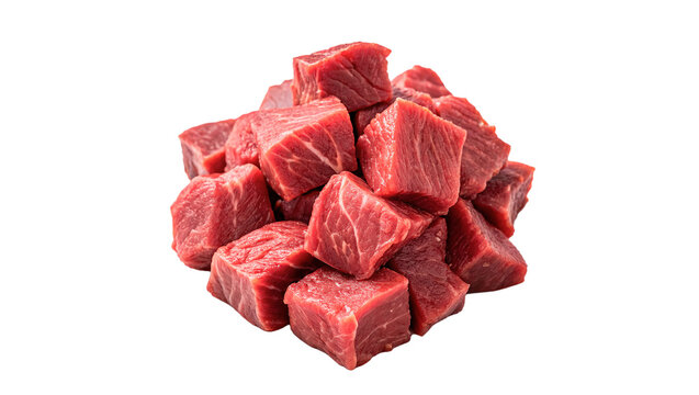 Pile heap of raw beef meat cubes gourmet butcher grocery isolated on transparent background