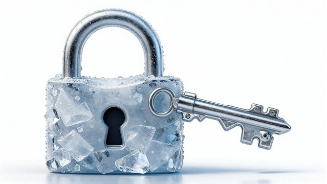 Frozen Metal Padlock with Attached Key on White Background