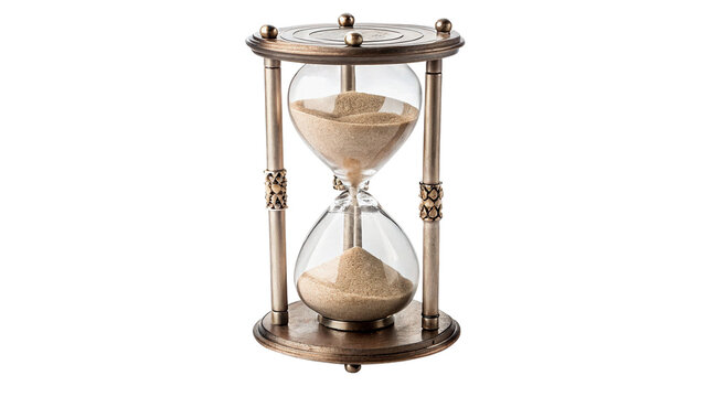 Classic metallic glass hourglass sand timer clock for project deadlines isolated on transparent background