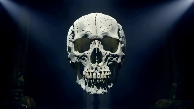 Human skull emerging from darkness as overhead spotlights gradually reveal detailed bone structure in a dramatic black background studio scene