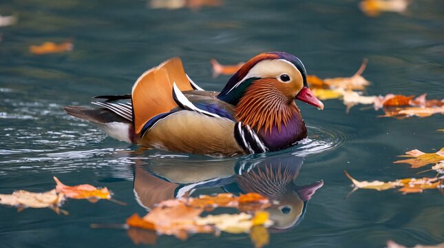 colourful male mandarin duck (aix galericulata) swimming on calm dark pond water covered with autumn leaves
