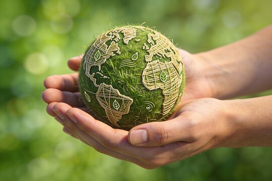 Hands gently cradle a hand woven grass globe with leaf droplet and wind icons symbolizing sustainability and care for nature