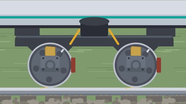 Close up of train bogie wheels running on the rail animation