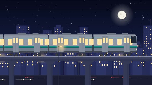 Subway train riding through night city skyline parallax animation