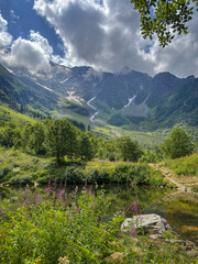 Fototapeta premium Alpine valley with lake and flowers in Les Contamines-Montjoie, France