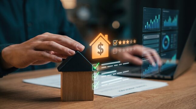 Mortgage advisor evaluates property valuation and risk assessment checklists to approve home loans, guiding confident buyers through financial planning and strategic housing investment.