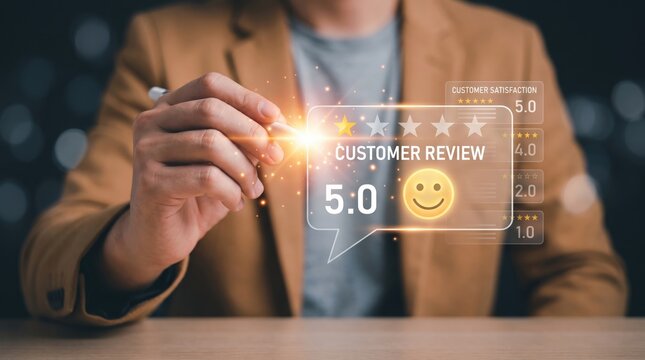 Customer service manager analyzing online customer reviews, five-star ratings, feedback metrics, reputation benchmarks, consumer satisfaction scores, and service quality improvement strategies.