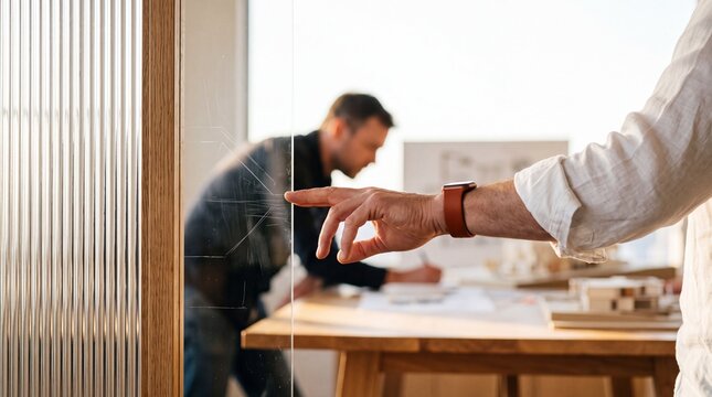 Architect Pointing at Modern Glass Wall While Colleague Works on Blueprints in Bright Office Studio
