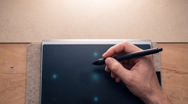 Close-up of a designer holding a stylus pen while drawing on a digital graphic tablet at a modern wooden desk