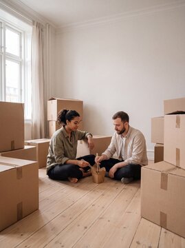 Young multiracial couple sitting on floor and eating takeout food with chopsticks surrounded by moving boxes in new home