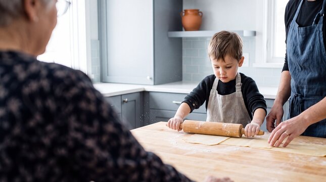 Cute Little Boy Rolling Fresh Dough with Rolling Pin While Cooking with Family in Modern Kitchen