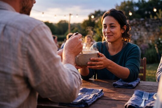 Happy young woman receiving a steaming bowl of hot food from a partner during an outdoor garden dinner party at sunset