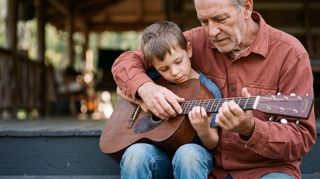 Caring grandfather teaching his cute little grandson how to play acoustic guitar on the porch of a rustic house