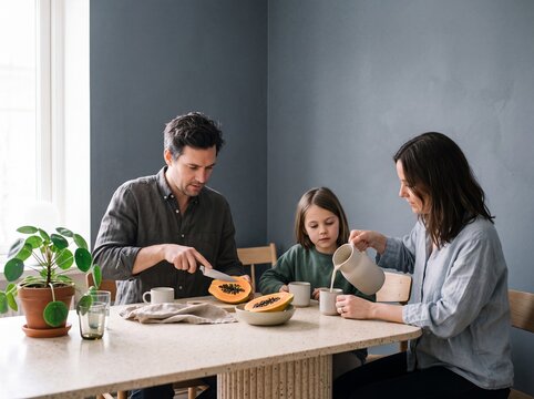 Young family with daughter preparing and enjoying a healthy breakfast together at a dining table at home