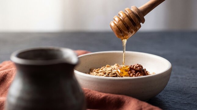 Golden organic honey dripping from a wooden dipper onto oatmeal and walnuts in a ceramic bowl for healthy breakfast