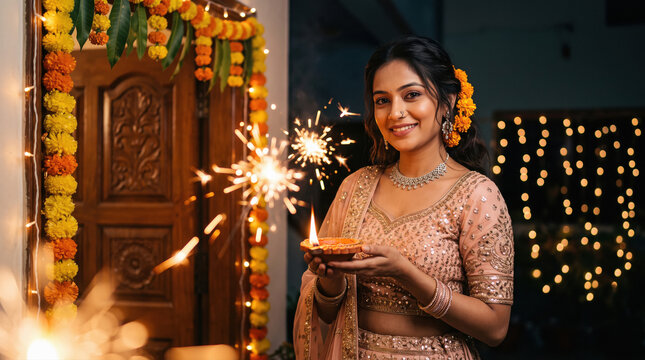 happy indian woman wearing traditional sari holding oil lamp on diwali festival