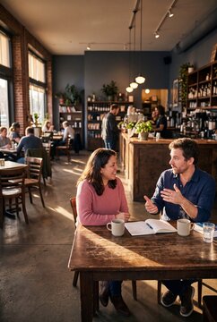 Smiling Friends Sitting at Table Having Lively Conversation Over Coffee in Cozy Sunlit Cafe