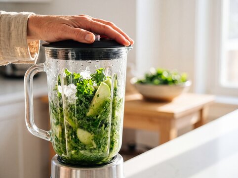 Woman preparing a healthy green detox smoothie with kale and cucumber in a glass blender on the kitchen counter